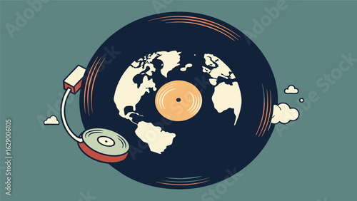A detailed sketch of a vinyl record featuring a mix of global tunes representing a playlist curated for a multicultural gathering or a travel Vector illustration