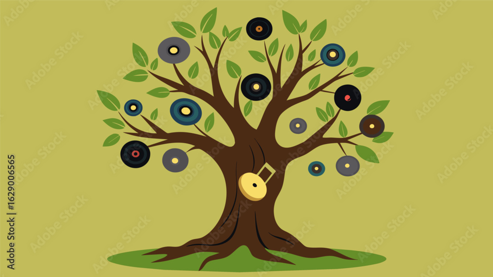Obraz premium A gnarled olive tree with twisted branches holding vinyl records of world music folk songs and traditional ballads. Vector illustration