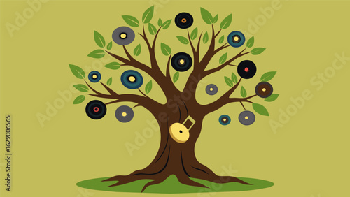 A gnarled olive tree with twisted branches holding vinyl records of world music folk songs and traditional ballads. Vector illustration