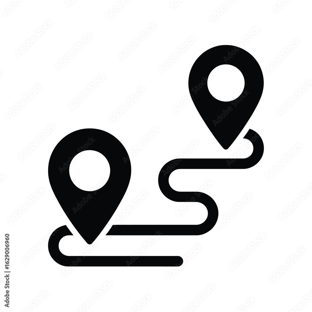 Two black location pins connected by a winding route line