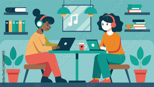 A pair of friends sitting in a coffee shop exchanging songs and creating a study playlist to keep them motivated during the upcoming exams. Vector illustration
