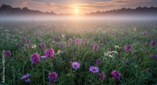 Misty Meadow Sunrise: Purple Flowers and Dew-Kissed Grass in Golden Light