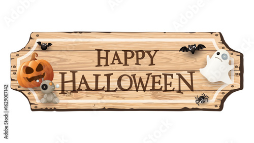 Happy Halloween and 3D cute halloween's cartoon character on decorated on wooden signboard isolated graphic illustration.