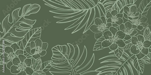 Elegant green tropical floral and leaf pattern