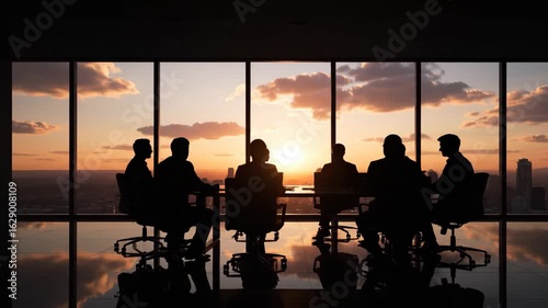Corporate business meeting at sunrise in a modern glass office with executives discussing strategy, leadership, and innovation against a city skyline
