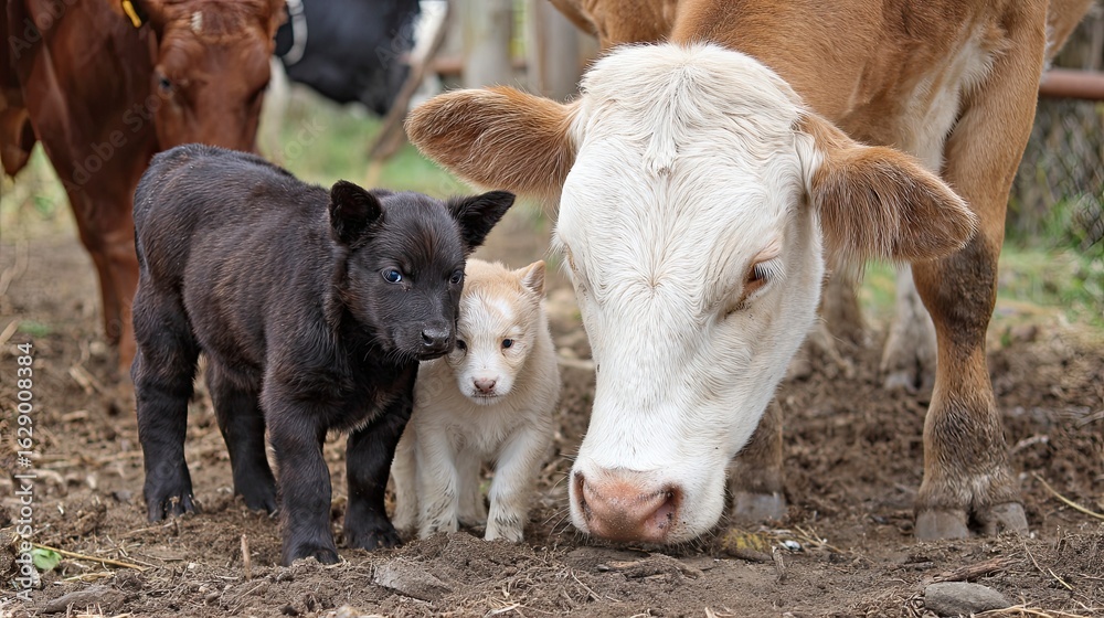 Fototapeta premium Calves and cow in rural pasture