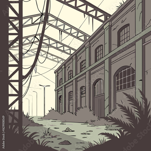 Abandoned Industrial Building Overgrown with Vegetation