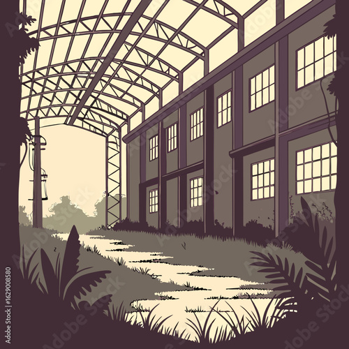 Abandoned Industrial Building Overgrown with Vegetation