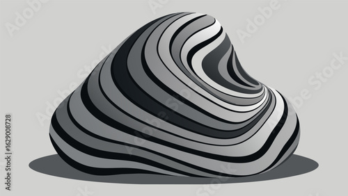 A monochromatic sculpture made of smooth polished stone carved with precise ridges and dips that replicate the undulations of sound waves. Vector illustration