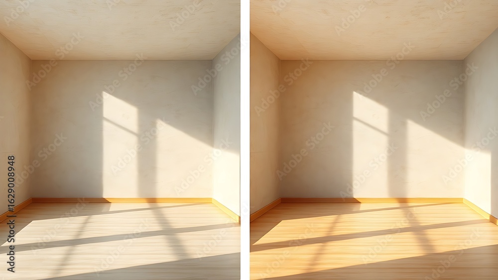 Obraz premium A side-by-side comparison of empty rooms showcasing different wall textures in ambient light.