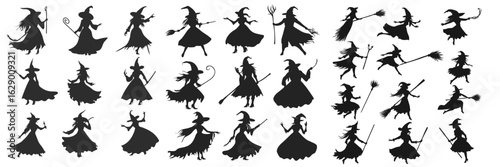 variety of flying witch silhouettes on broomstick for halloween design