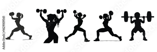 silhouettes of weightlifters lifting barbells in different poses for fitness design