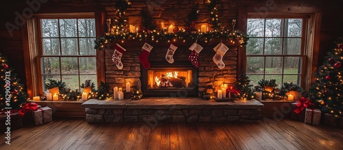Cozy Christmas fireplace scene with stockings, presents, and trees.