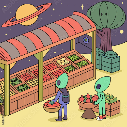 Alien Produce Market at Night Underneath Stars