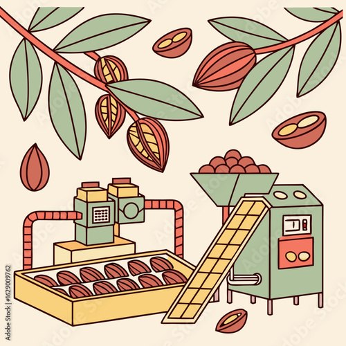Almond Processing Plant Illustration: Pastel Colored Graphic of Almond Harvesting and Processing Machinery