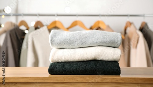 Organized stack of warm, folded knitwear on a table in a minimalist closet or boutique.