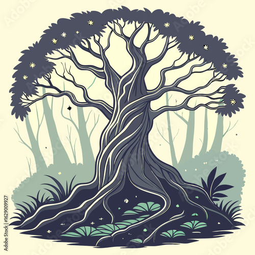 Ancient Mystical Tree in a Foggy Forest