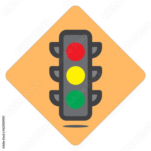 Vector illustration of a traffic light icon with red, yellow, and green signals on a diamond-shaped road sign.