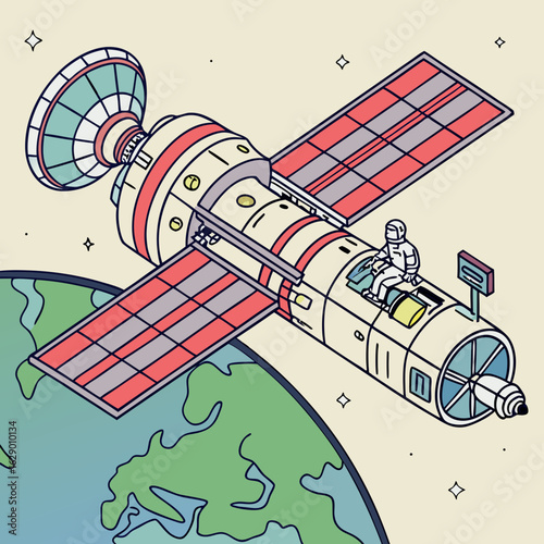 Astronaut in Isometric Pixel Art Satellite Orbiting Earth