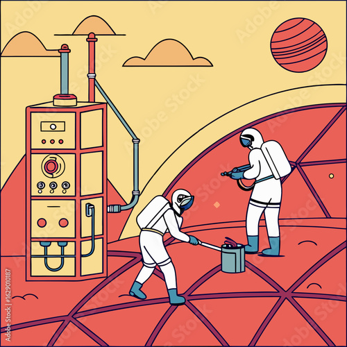 Astronauts Conducting Scientific Research on Mars in a Geodesic Dome