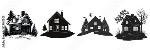 silhouettes of haunted houses with eerie details for Halloween and horror design