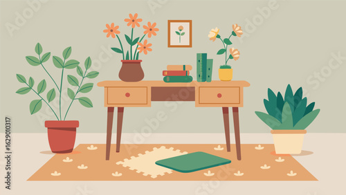 A natureinspired workspace with a natural wood desk potted plants and a soft floral print rug promoting a peaceful and harmonious environment for.