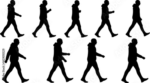Set of manhood walking silhouettes - isolated vector illustration