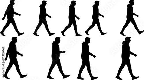 Set of manhood walking silhouettes - isolated vector illustration