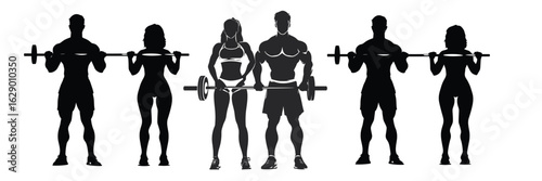 silhouettes of bodybuilders posing with muscular physiques for fitness and gym design