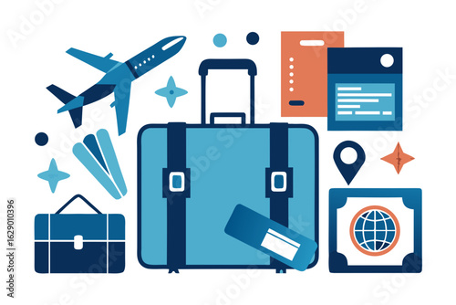 Plan Your Dream Getaway with this Travel Icon Set Featuring Airplanes, Luggage, and Passport Details, Perfect for Vacation Planning and Adventure-Themed Designs