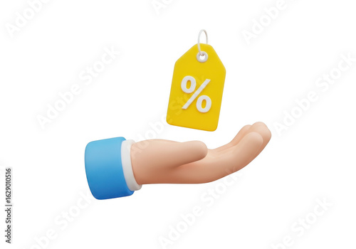 3d hand holding a discount tag isolated on transparent background
