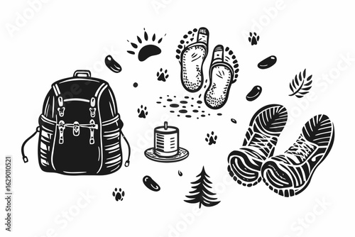Embark on adventure with this rugged backpack and essential hiking gear, inspiring exploration and outdoor discovery with mountains, footprints, and leaves