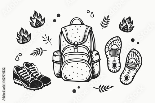 Embark on adventure with this charming collection of outdoor essentials featuring a backpack, hiking boot, thermos, and mountain icons, perfect for travel blogs and gear promotions.