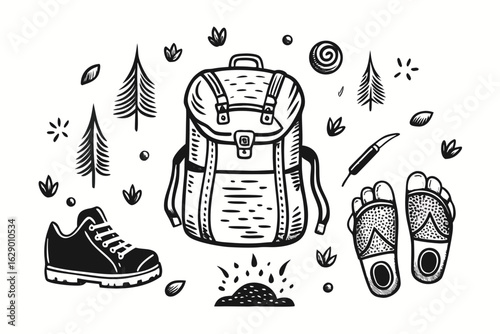 Embark on thrilling adventures with this collection of essential camping gear including a sturdy backpack, hiking boots, and comfortable sandals, perfect for your next outdoor escapade.