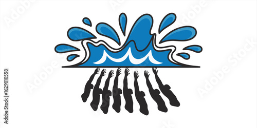 Illustration of silhouettes of people holding up a stylized blue wave on a white background