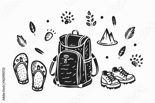 Adventure awaits with this charming hand-drawn collection featuring a sturdy backpack, hiking boot, cozy campfire, and comfortable flip-flops, perfect for outdoor enthusiasts and travel inspiration.