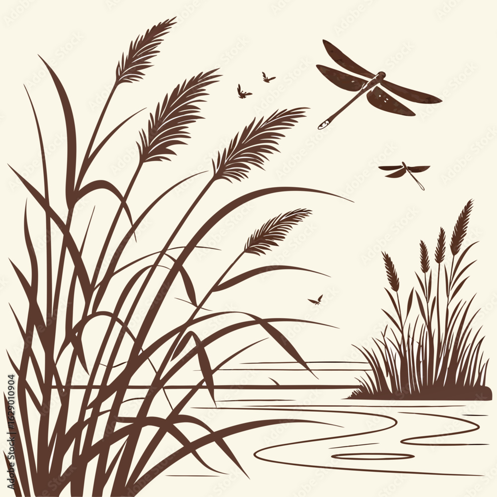 Obraz premium Brown Silhouette of Dragonflies and Reeds by a Calm Body of Water