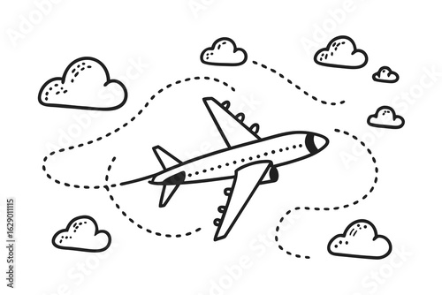 Whimsical airplane soars through fluffy clouds and starry skies, tracing a playful dotted flight path across a bright, airy scene, perfect for travel and adventure themes.