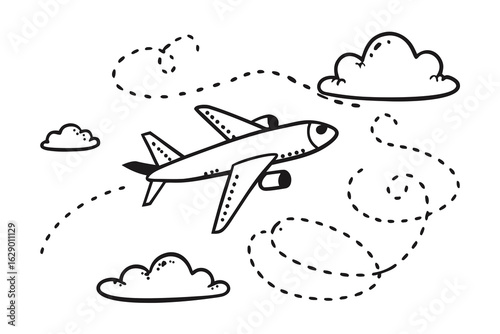Whimsical airplane soars through fluffy clouds on a dotted journey, evoking carefree travel and adventure in a charming, simple style perfect for playful designs
