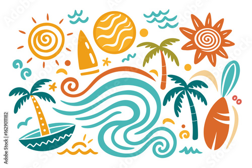 Vibrant summer beach scene with palm trees, surfboards, waves, and a bright sun creating a festive, tropical vacation vibe perfect for holiday marketing and design projects.
