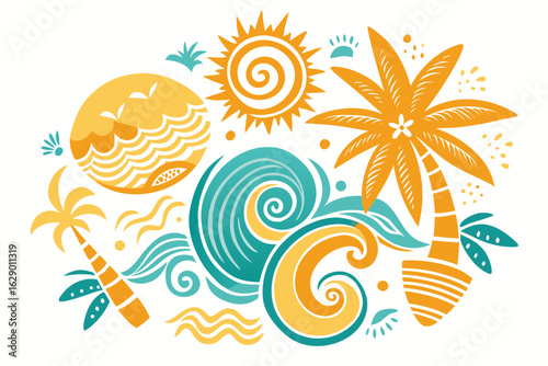 Wallpaper Mural Vibrant summer beach collection featuring surfboards, palm tree, sun, waves, and starfish elements, perfect for holiday designs and coastal themes Torontodigital.ca