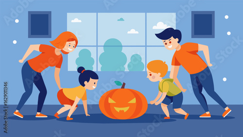 A group of cousins challenging each other in a game of Pumpkin PushUp where they have to push a pumpkin across the room using only their feet.. Vector illustration