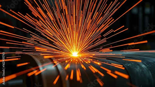 Abstract close-up of orange sparks radiating from an industrial metal surface.
