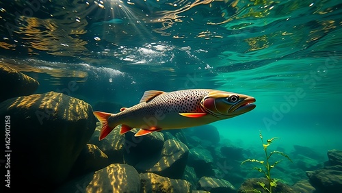 Trout swimming near submerged rocks in clear river water, sunlight filtering through the surface.