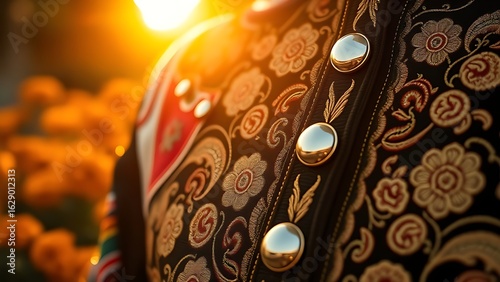 An embroidered charro jacket with silver buttons, bathed in golden sunset light, with marigold flowers softly blurred in the background.