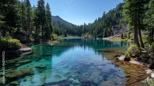 Crystal clear alpine lake and forest