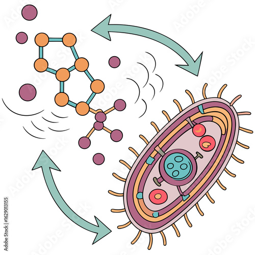 Colorful Illustration of a Bacteria Cell Interacting with Molecules