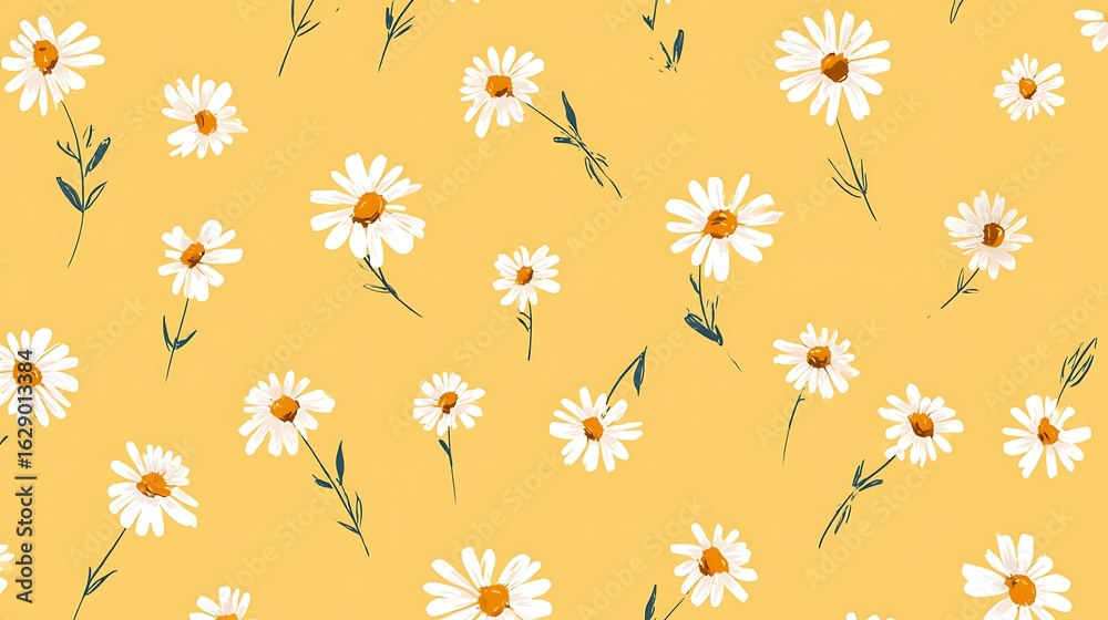 Obraz premium Seamless pattern of delicate white daisies on a warm yellow background