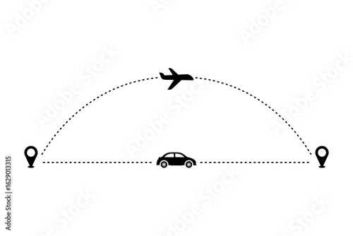 Tourism and travel concept icon showing airplane flight and car road path with dotted line from origin to destination. Trip planning symbol in vector format.