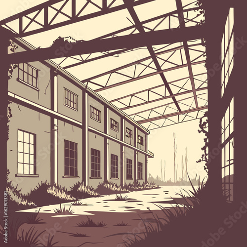Abandoned Industrial Building: Overgrown Ruin in Sepia Tones